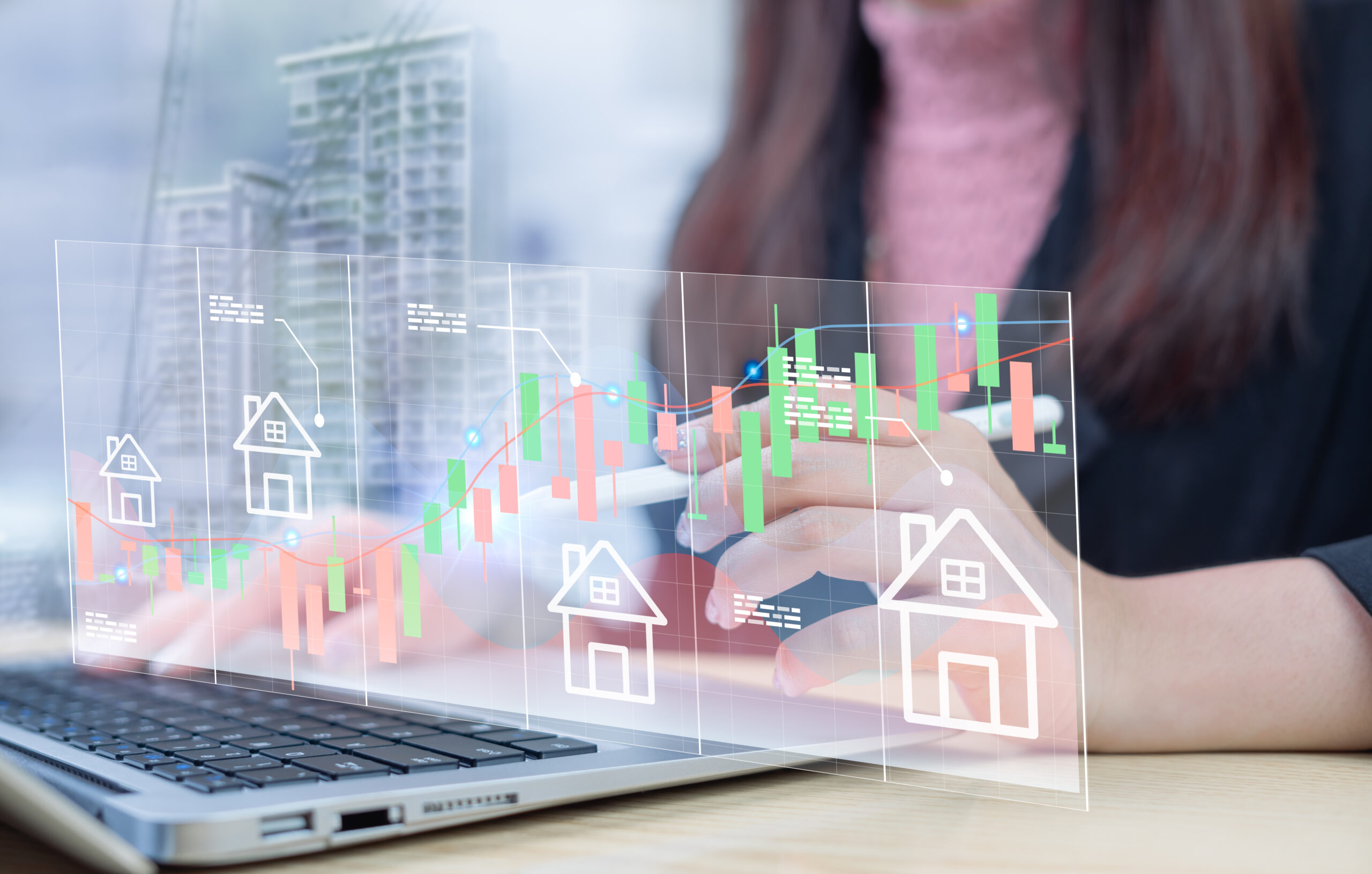 Businesswoman analyzes real estate investment graph in stock market, stock market real estate investment concept, long-term and short-term stock market investment approach.