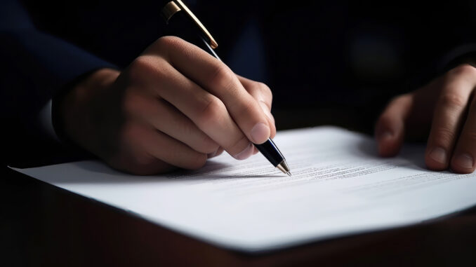 Hand signing legal contract with pen on paper