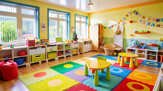 Vibrant nursery room in a kindergarten or daycare center filled with colorful toys, learning materials, and educational resources for young children's recreational learning activities.